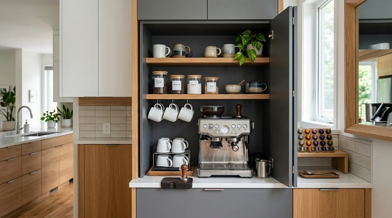 Built-in Cabinet Coffee Station for 10 coffee bar ideas for a stylish kitchen setup